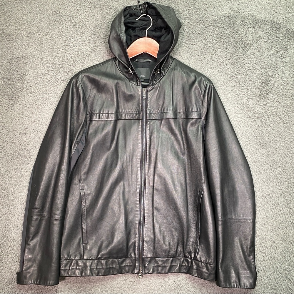 Vince Mens Lambskin Leather Hooded Jacket Black Large Minimalist Luxury